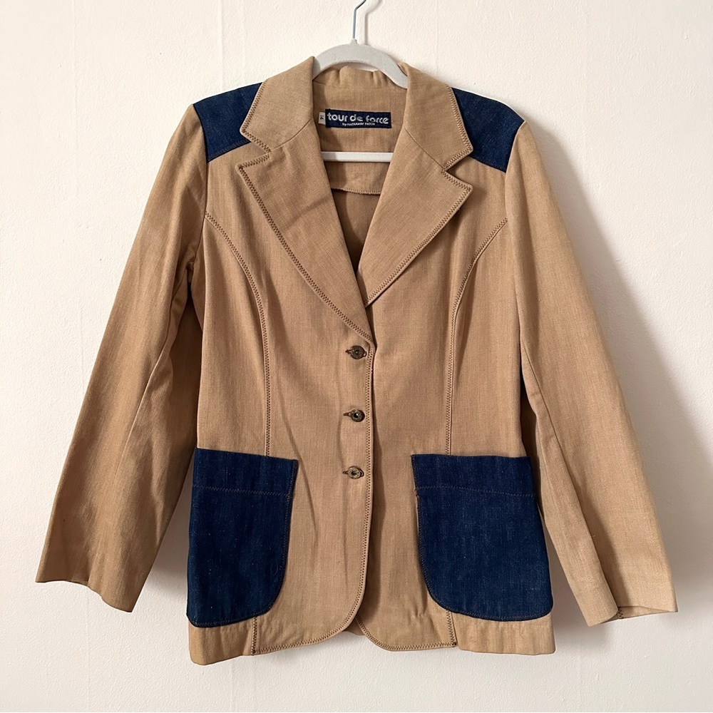 Vintage Tour De Force 70s Tan and Denim Patch Western Style Stretch Blazer
